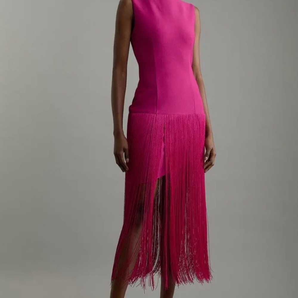Karen Millen Vibrant Pink Midi Fringe Dress Size Small